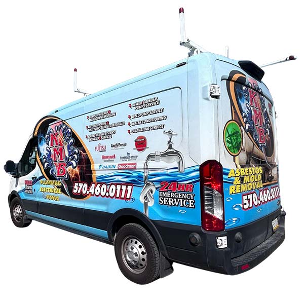 KMB service truck providing plumbing, HVAC, electrical, and restoration services